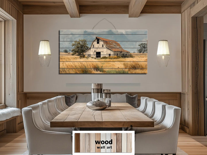 Rustic Old Barn in Wheat Field Distressed Wood Wall Art