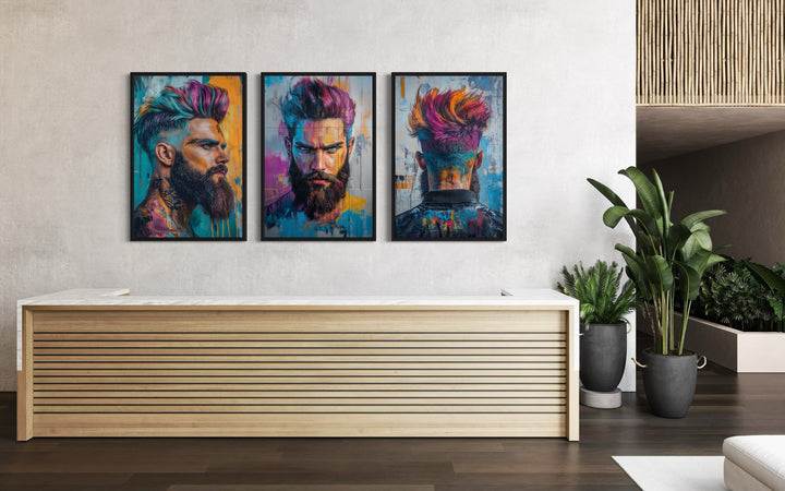 Barber Salon 3 Piece Framed Canvas Wall Art - brutal man painting