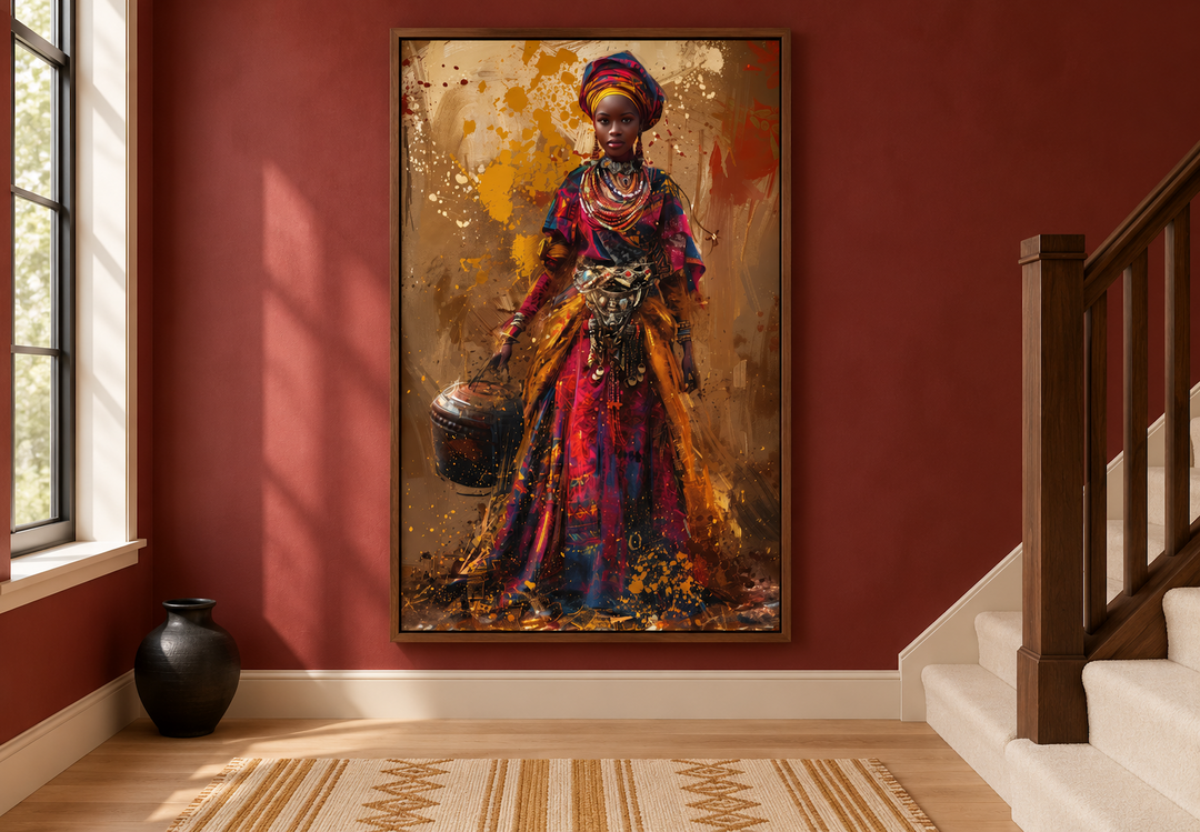 Framed wall art of an African woman in vibrant traditional dress holding a bucket on a red wall.