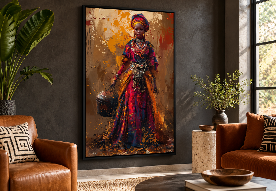 Framed wall art of an African woman in vibrant traditional dress holding a bucket in a modern room.