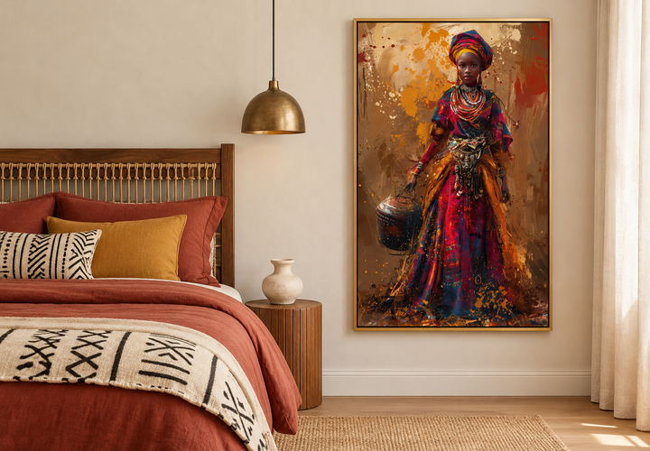 Framed wall art of an African woman in vibrant traditional dress and headwrap holding a bucket.
