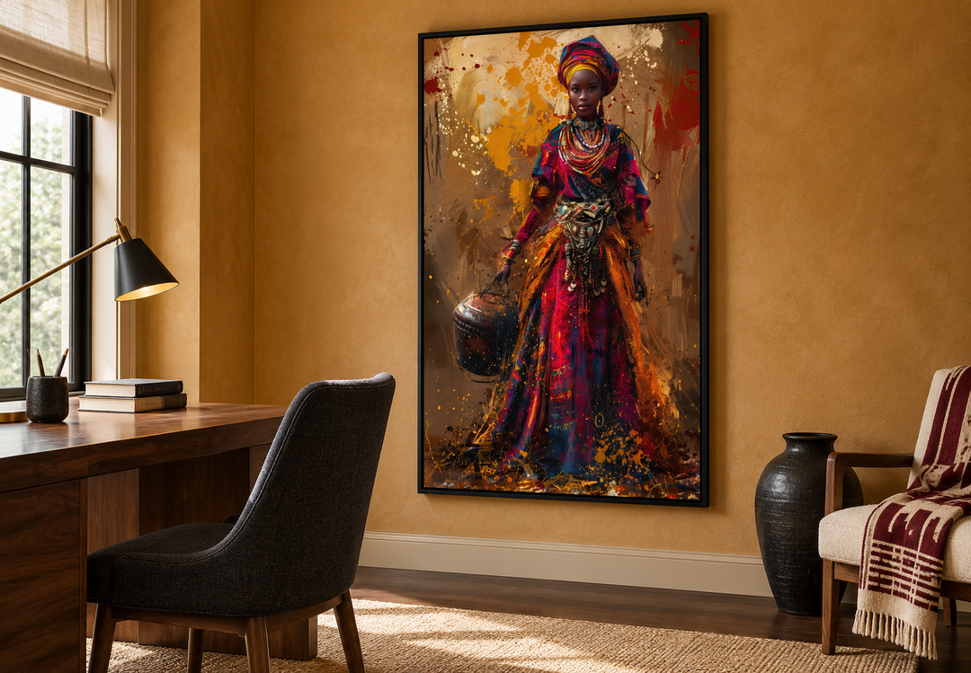 Framed wall art of an African woman in vibrant traditional dress and headwrap holding a bucket.