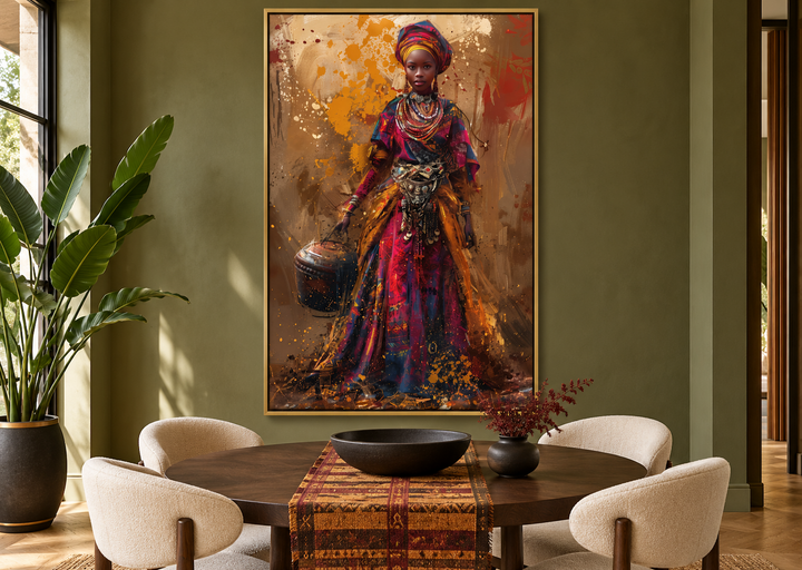 African woman in vibrant traditional dress and headwrap wall art in a gold frame over a dining table.