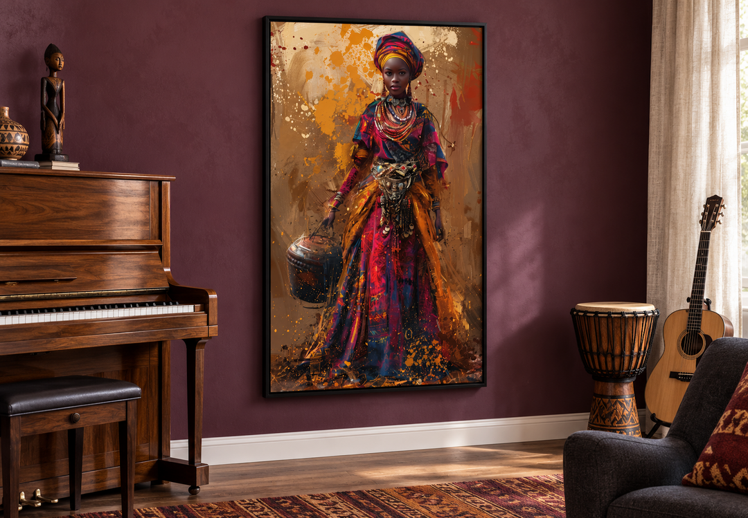 Framed wall art of an African woman in vibrant traditional dress holding a bucket in a music room.