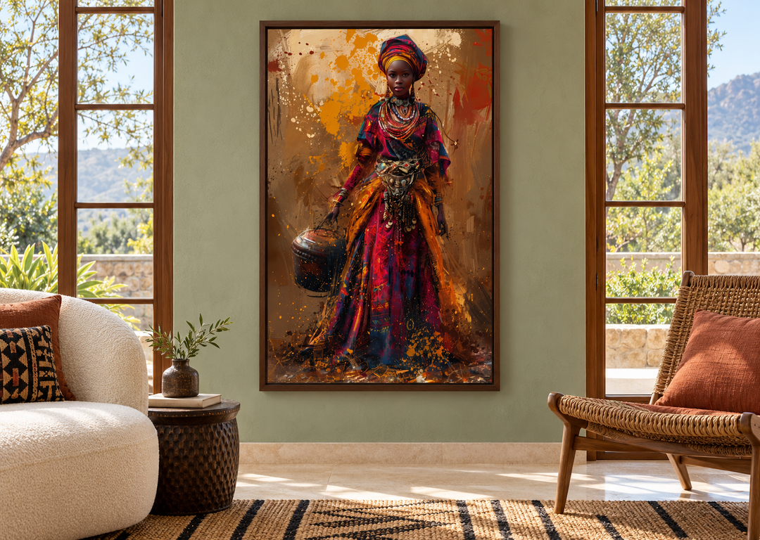 Framed wall art of an African woman in vibrant traditional dress holding a bucket in a sunlit room.