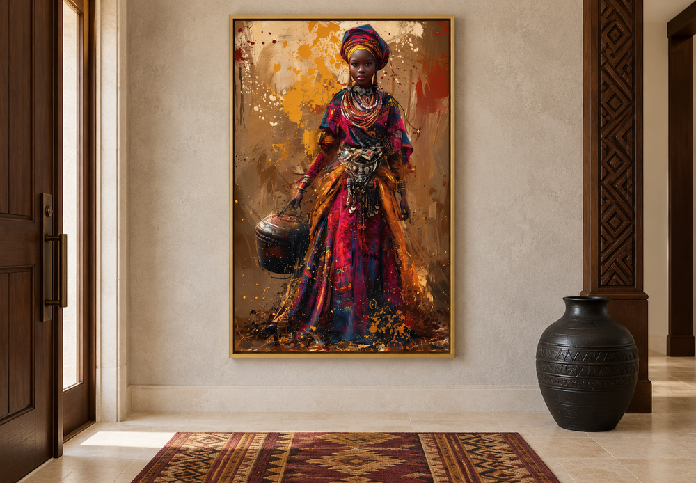 Framed wall art of an African woman in vibrant traditional dress holding a bucket in a foyer.
