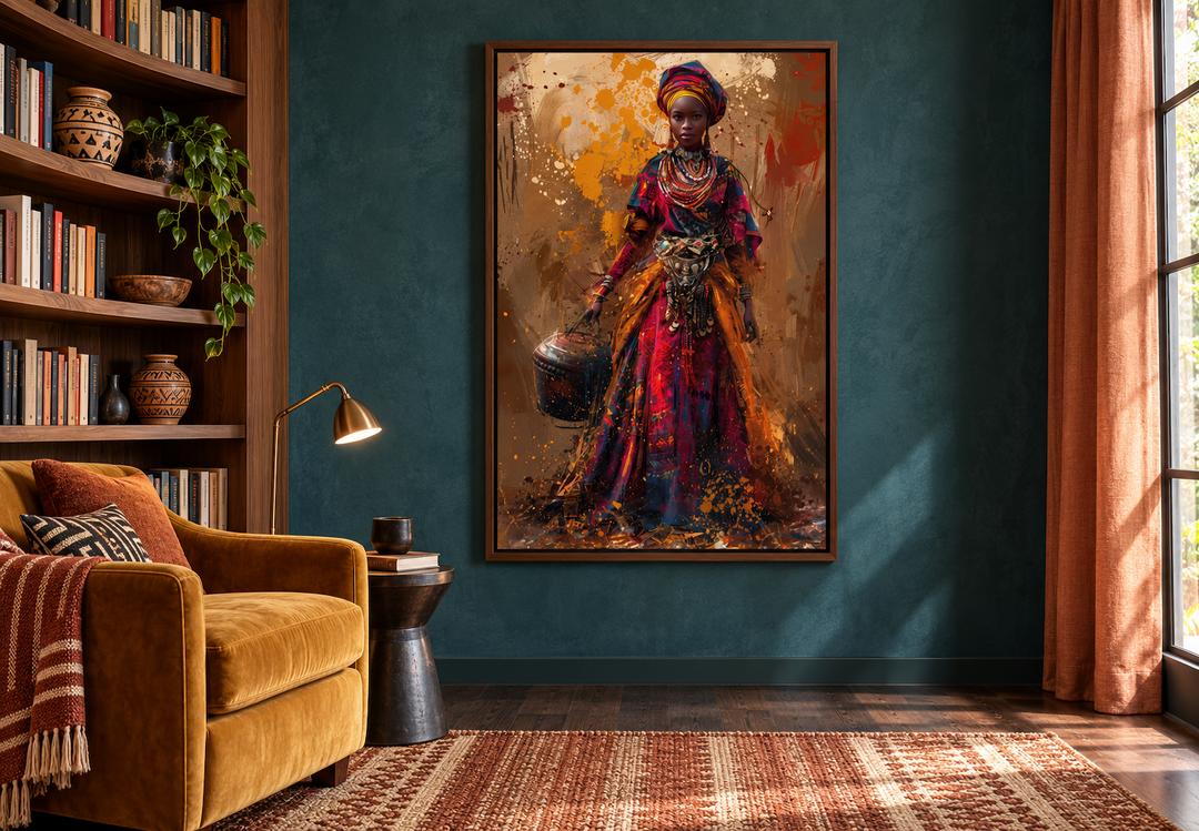 Framed wall art of an African woman in vibrant traditional dress and headwrap holding a bucket.