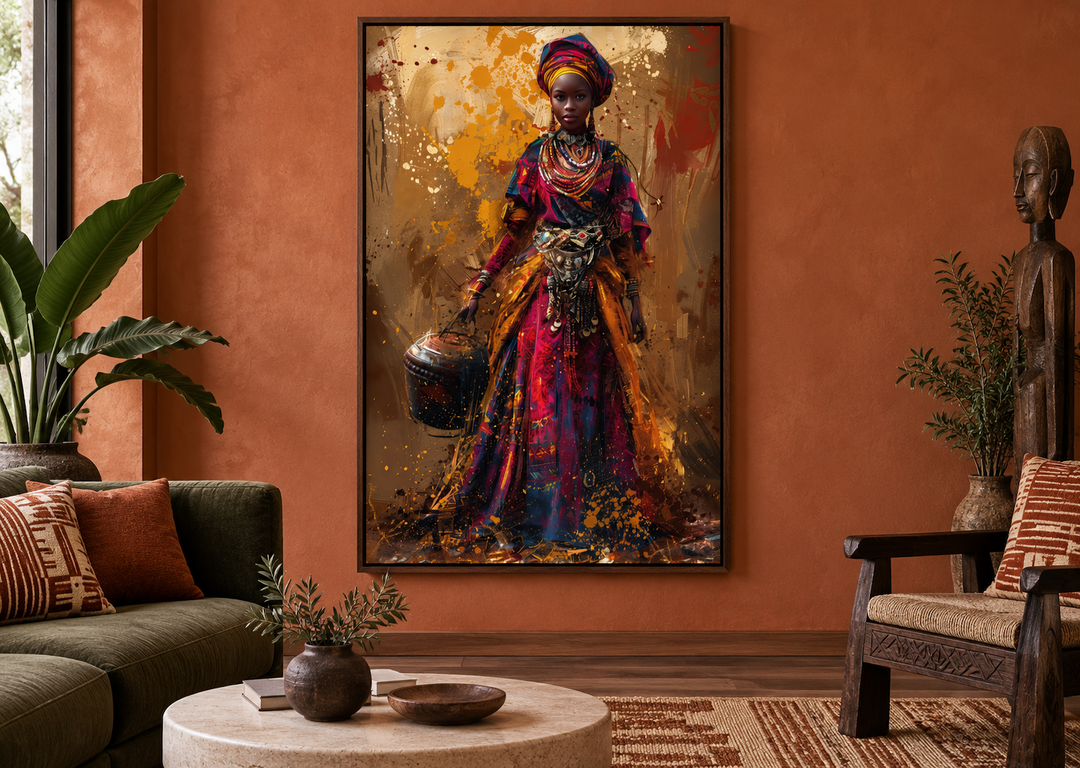Framed wall art of an African woman in vibrant traditional dress holding a bucket in a living room.