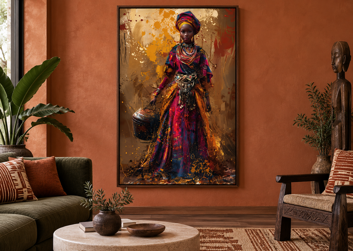 Framed wall art of an African woman in vibrant traditional dress holding a bucket in a living room.