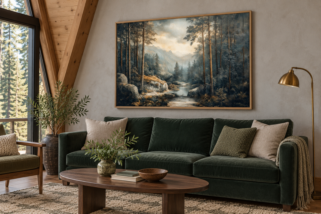 Antique forest framed canvas wall art featuring a misty woodland river scene in a cabin living room.