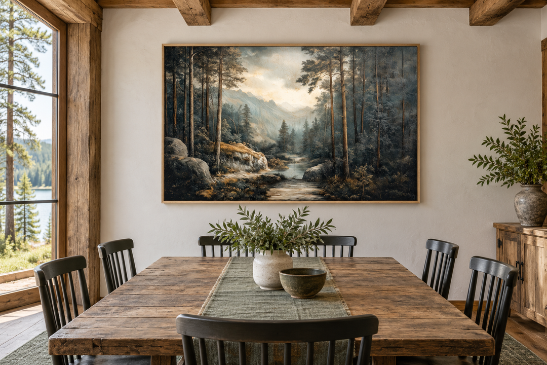 Antique forest framed canvas wall art depicting a misty woodland river in a rustic dining room.