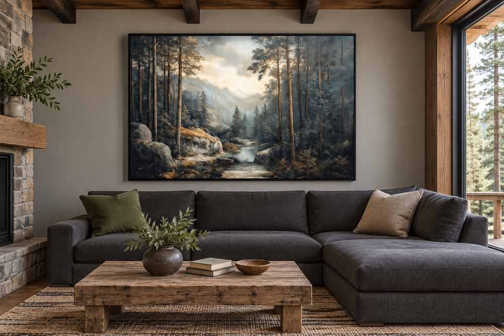 Antique forest framed canvas wall art depicting a misty woodland river scene above a dark sofa.