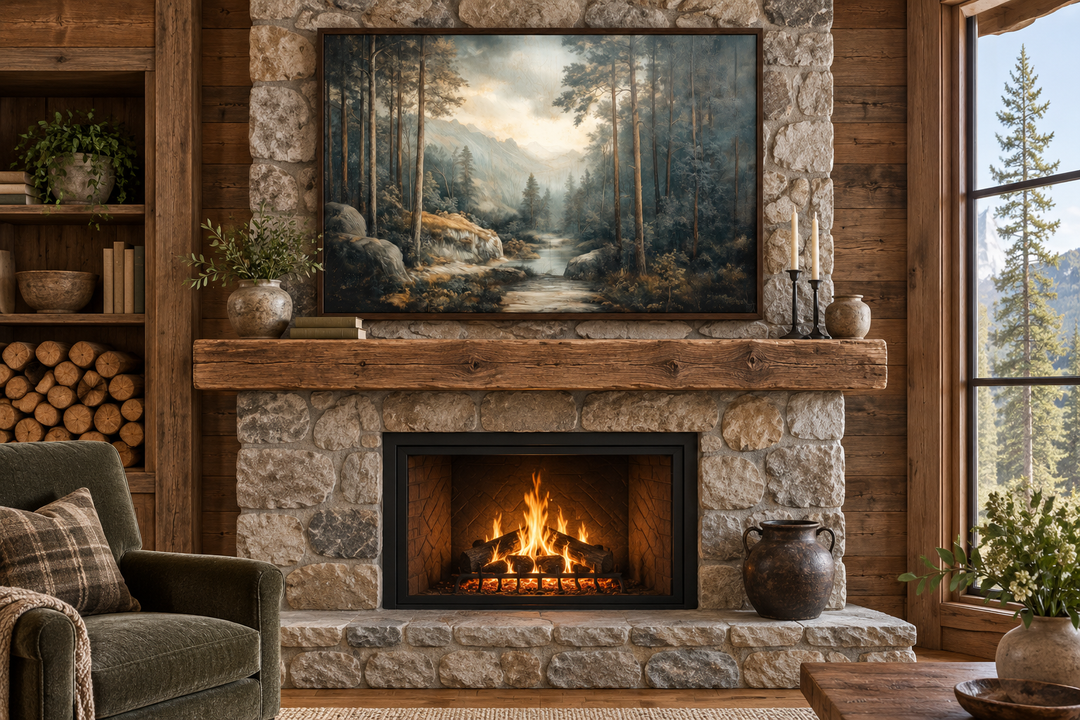 Antique forest framed canvas wall art above a stone fireplace in a rustic cabin living room.