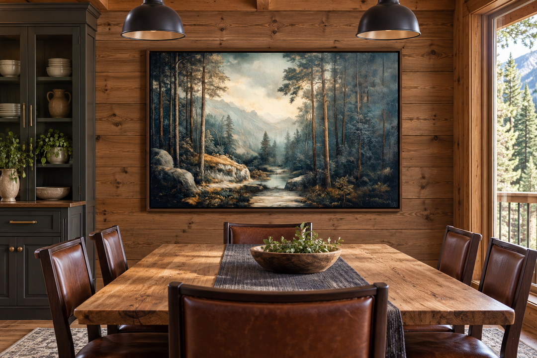 Antique forest framed canvas wall art of a river landscape in a rustic cabin dining room.