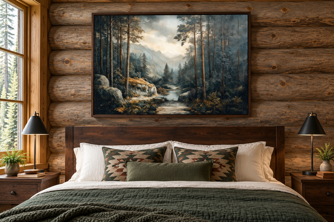 Antique forest framed canvas wall art showing a misty river landscape above a bed in a log cabin.