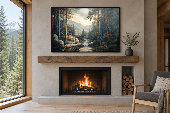Antique forest framed canvas wall art above a fireplace in a rustic cabin living room.