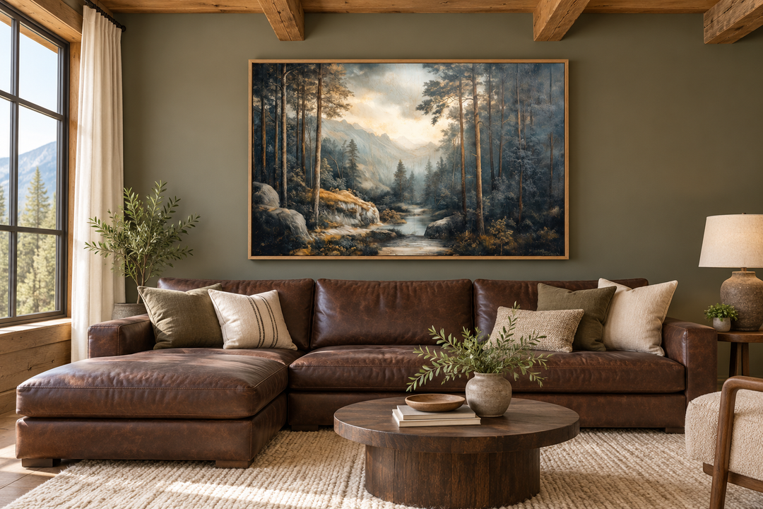 Antique forest landscape painting in a wood frame hanging above a brown leather sectional sofa.