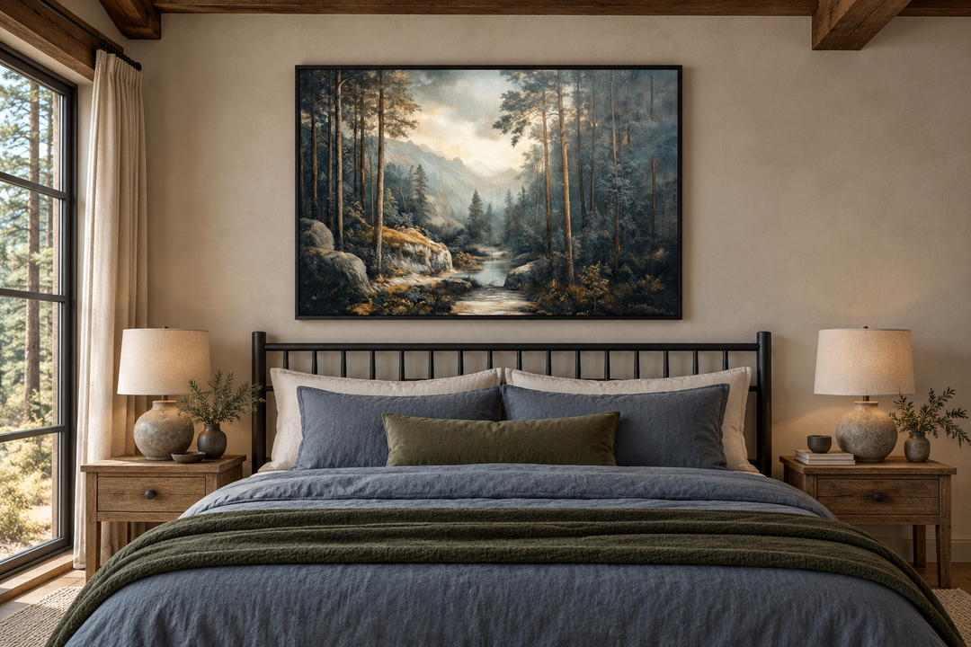 Antique forest framed canvas wall art featuring a misty river and trees above a bed in a cabin.