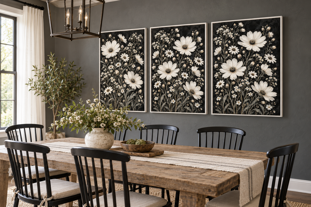 Three-piece rustic floral canvas set featuring white wildflowers on a moody black background.