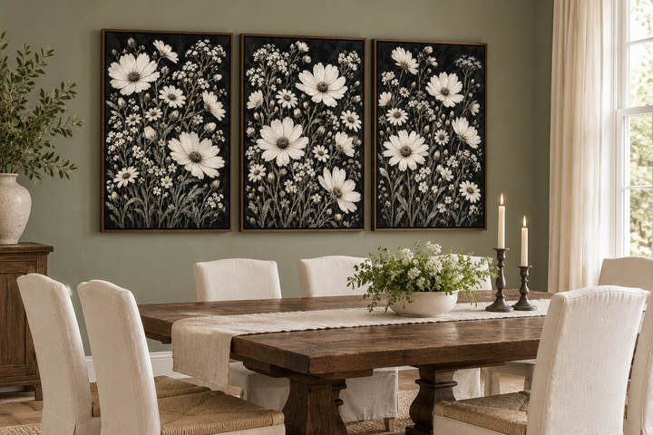 Set of 3 white wildflower canvas prints on black backgrounds in a rustic dining room.
