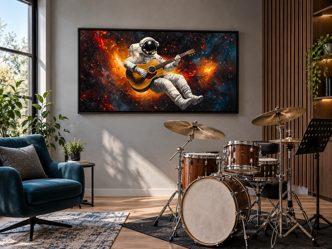 Framed canvas wall art of an astronaut playing guitar in space, hung in a modern music room.