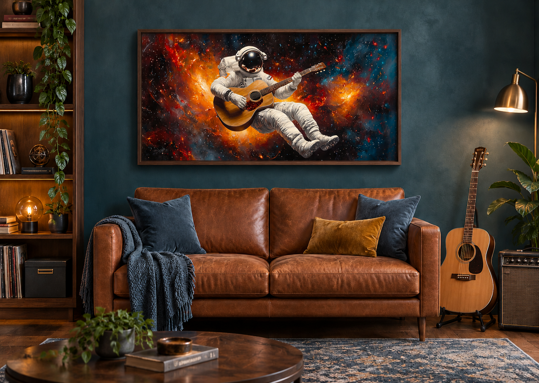 Astronaut playing guitar framed canvas wall art above a brown leather sofa in a modern living room.