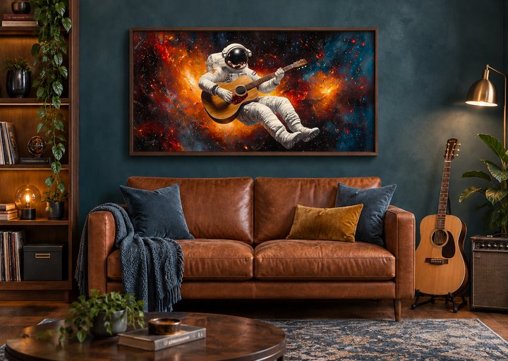 Astronaut playing guitar framed canvas wall art above a brown leather sofa in a modern living room.