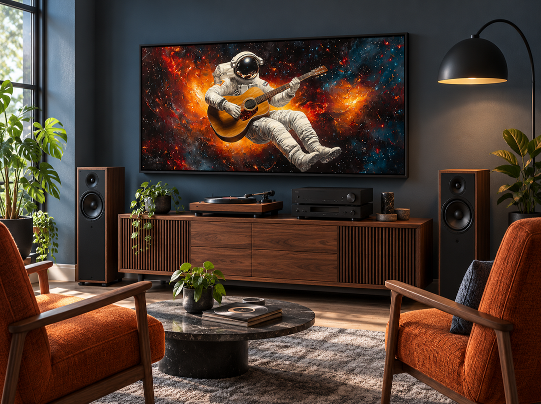 Astronaut playing guitar framed canvas wall art above a media console in a modern living room.