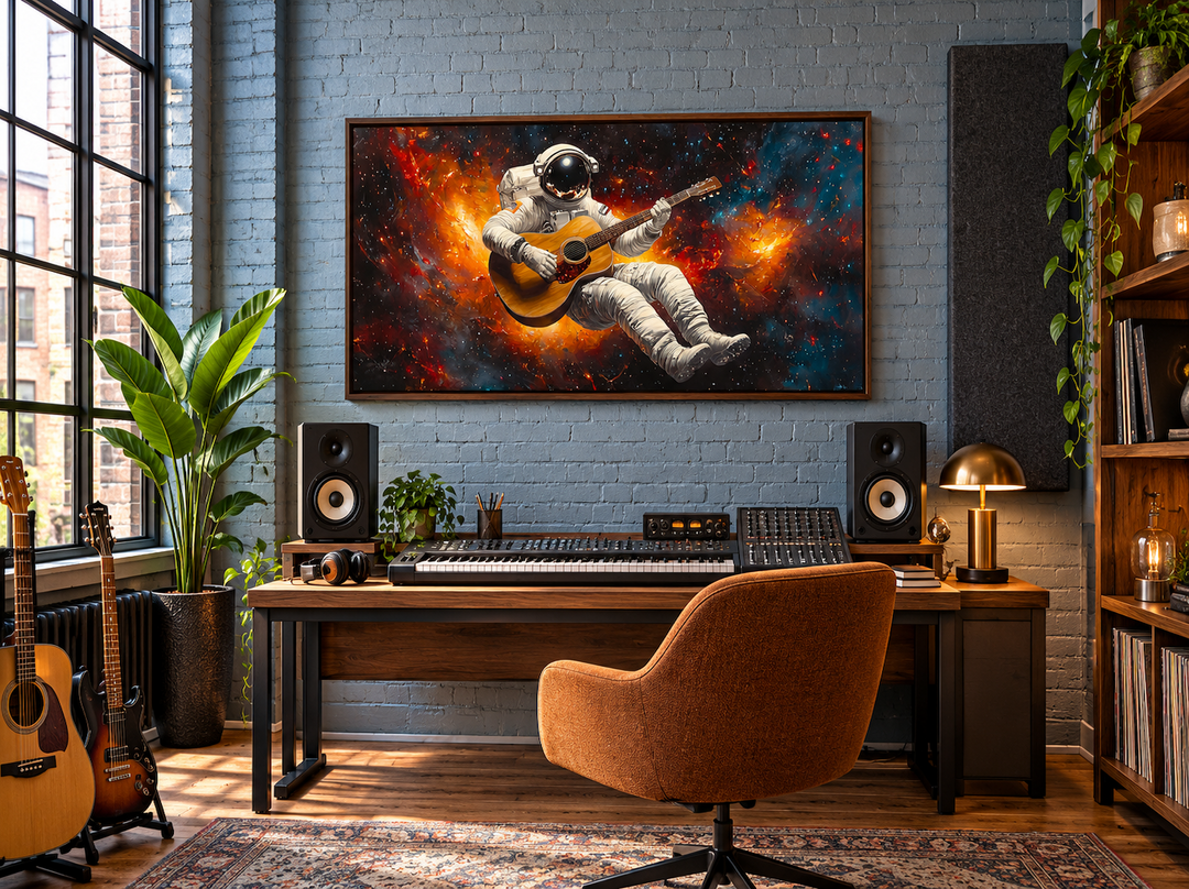 Astronaut playing guitar framed canvas wall art in a modern music studio with a walnut frame.