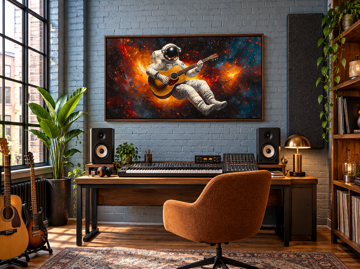 Astronaut playing guitar framed canvas wall art in a modern music studio with a walnut frame.