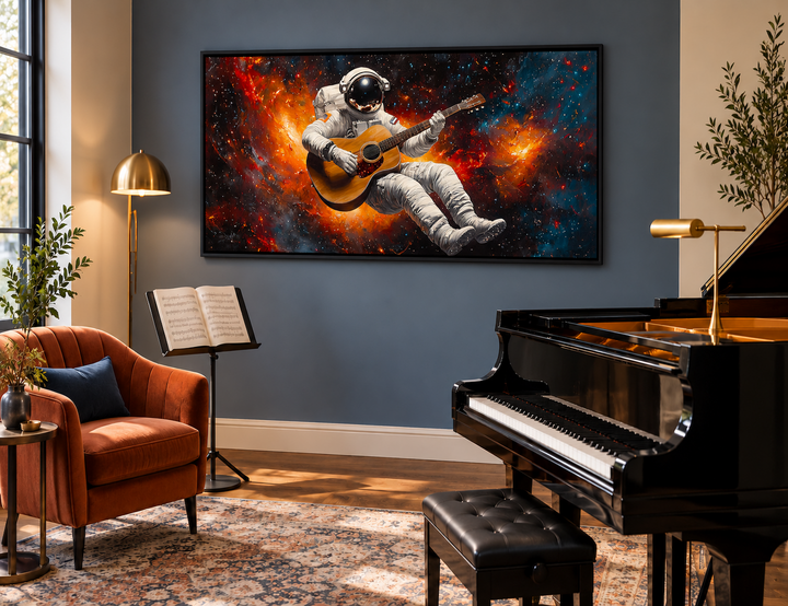 Astronaut playing guitar framed canvas wall art in a music room above a piano.