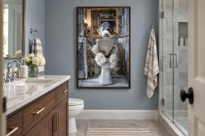 Aussiedoodle dog reading a newspaper on a toilet canvas wall art in a modern blue bathroom.