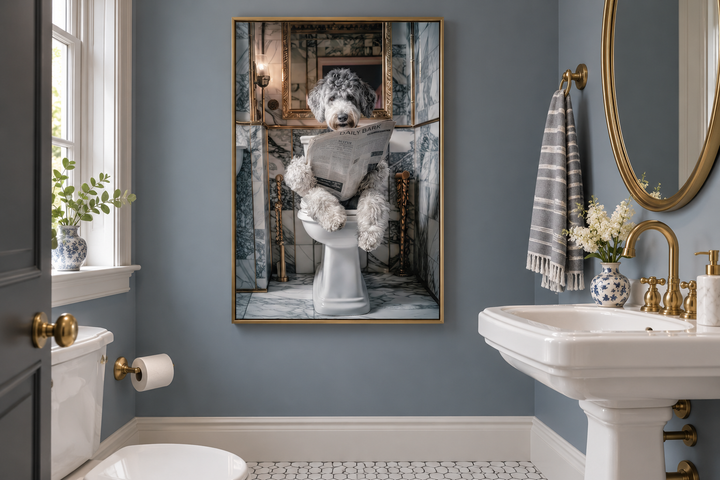 Aussiedoodle dog on the toilet reading a newspaper canvas wall art in a blue bathroom setting.