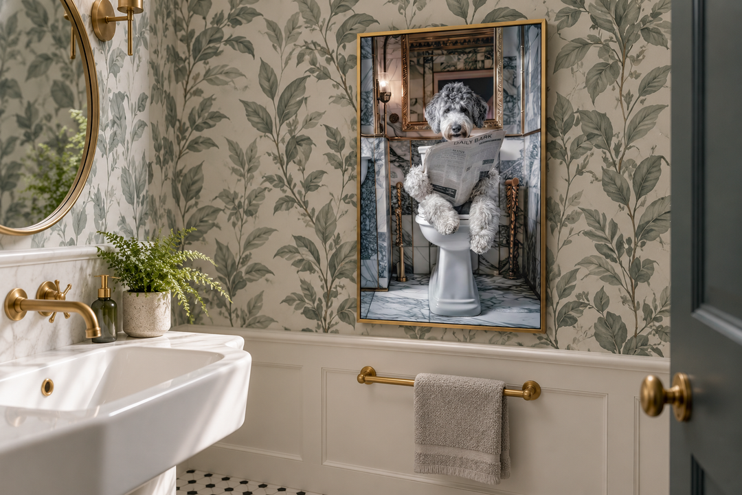 Aussiedoodle dog on a toilet reading a newspaper canvas wall art in a gold frame in a bathroom.