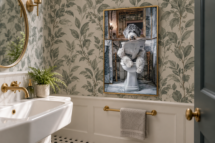 Aussiedoodle dog on a toilet reading a newspaper canvas wall art in a gold frame in a bathroom.