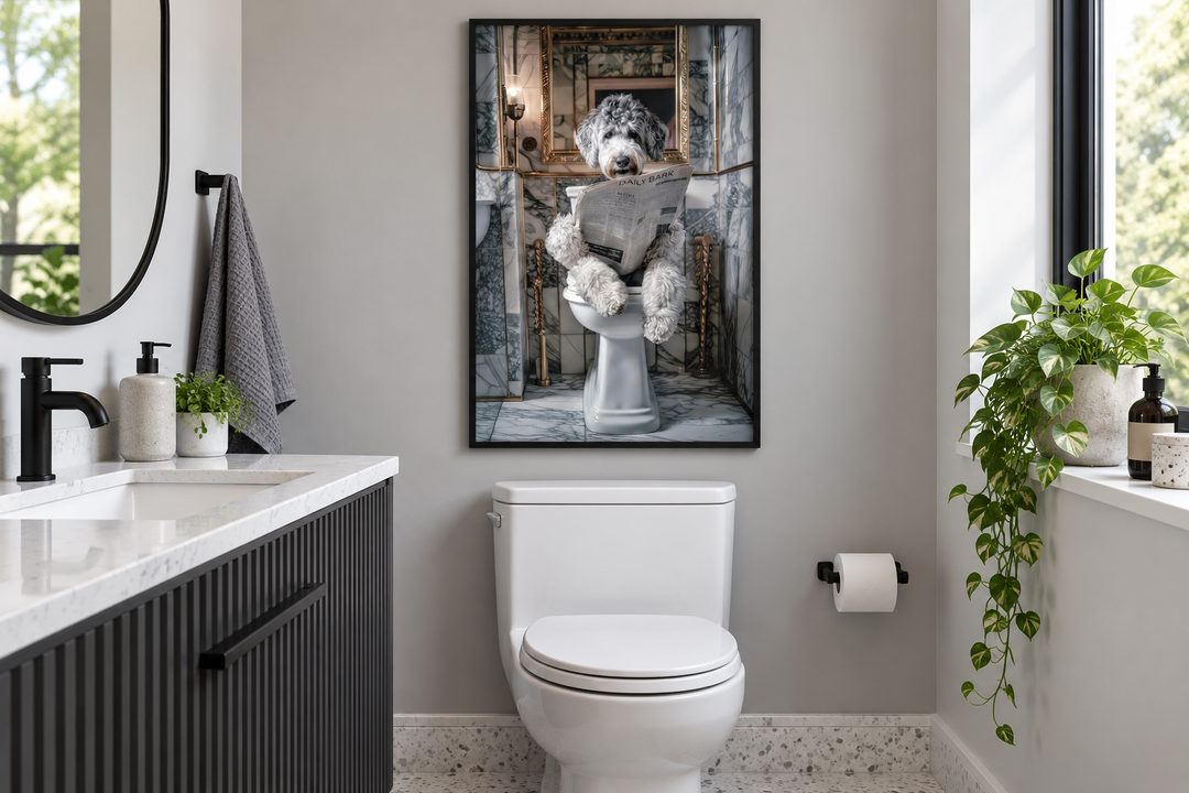 Aussiedoodle dog on a toilet reading a newspaper canvas wall art in a modern bathroom setting.
