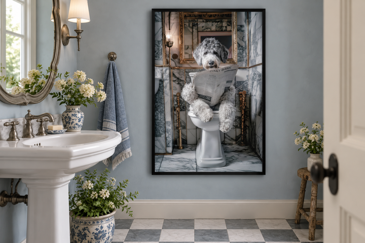 Aussiedoodle dog on a toilet reading a newspaper canvas wall art in a blue bathroom setting.
