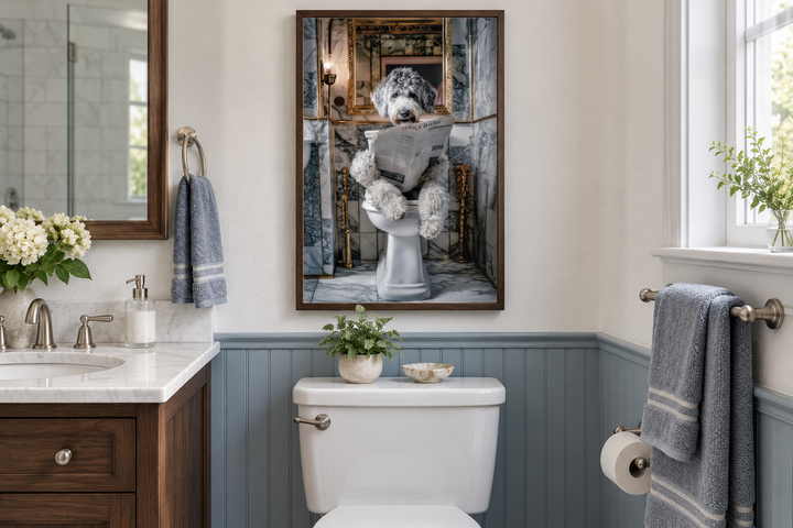 Aussiedoodle dog reading a newspaper on a toilet in a framed canvas print on a bathroom wall.