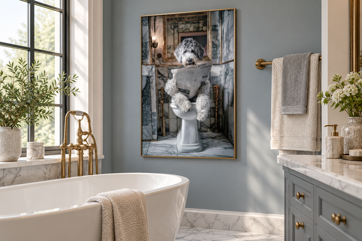 Aussiedoodle dog on toilet reading newspaper canvas wall art in a gold frame above a bathtub.