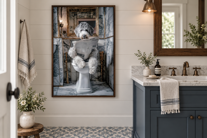 Aussiedoodle dog reading a newspaper on a toilet in a framed canvas print on a bathroom wall.