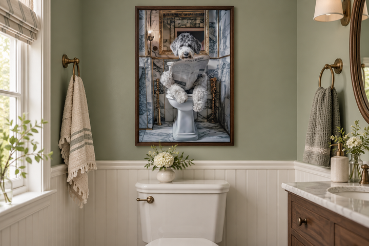 Framed canvas art of an Aussiedoodle dog reading a newspaper on a toilet in a sage green bathroom.