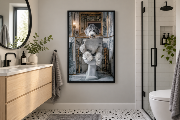 Aussiedoodle dog on a toilet reading a newspaper canvas wall art in a modern bathroom.