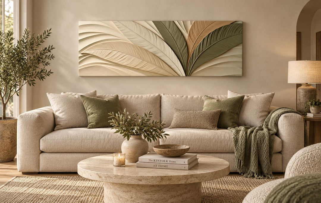 Sculptural Palm Leaf Canvas Print in Warm Cream, Olive, and Tan Tones Above Bed Decor