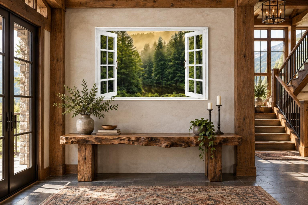 Fake window wall art showing a foggy pine tree forest through an open white frame.