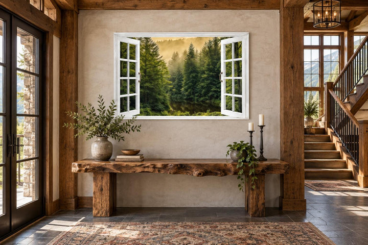 Fake window wall art showing a foggy pine tree forest through an open white frame.