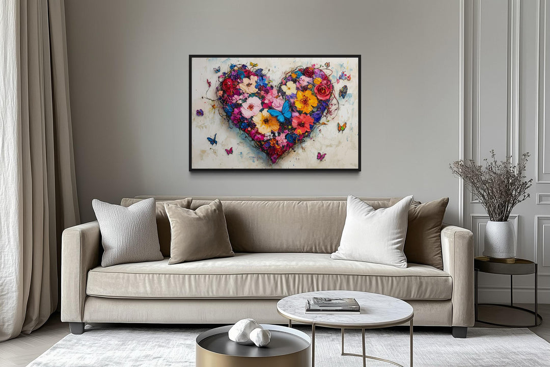 Pink Floral Heart With Butterflies Wall Art - Colorful Romantic Graffiti Canvas Print For Living Room Or Bedroom