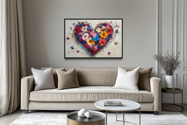 Pink Floral Heart With Butterflies Wall Art - Colorful Romantic Graffiti Canvas Print For Living Room Or Bedroom