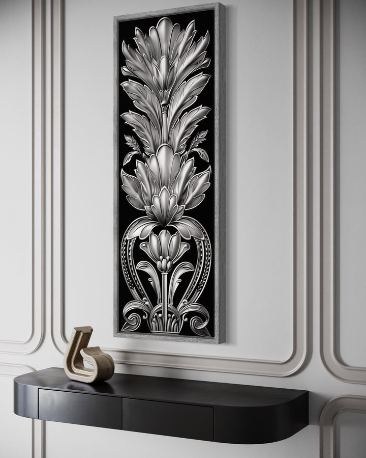 Tall Narrow Black Silver Art Deco Framed Canvas Wall Art side view