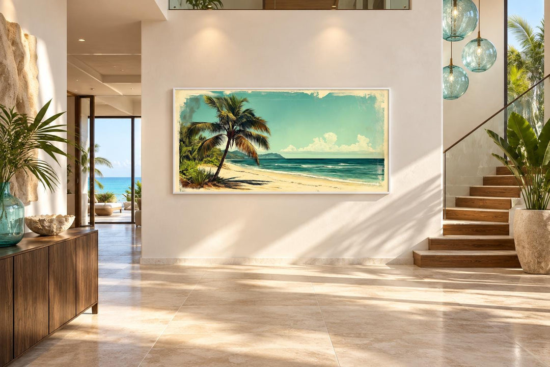 Vintage Style  Tropical Beach With Palm Tree Canvas Wall Art