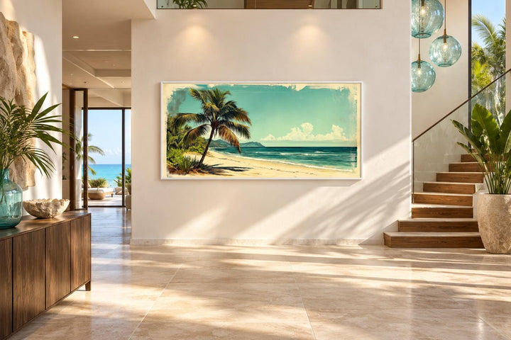 Vintage Style  Tropical Beach With Palm Tree Canvas Wall Art